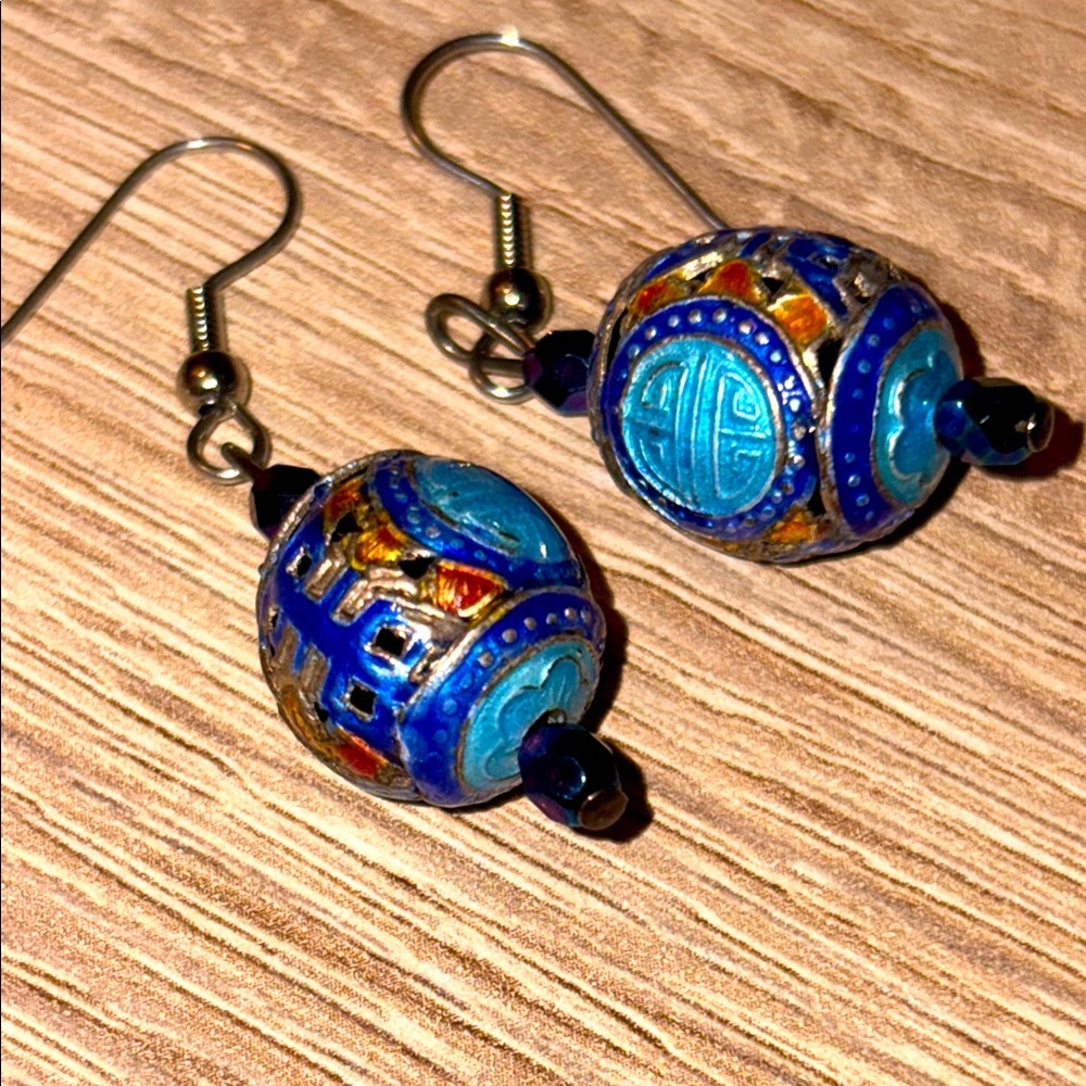 Chinese vintage cloisonné and beaded earrings